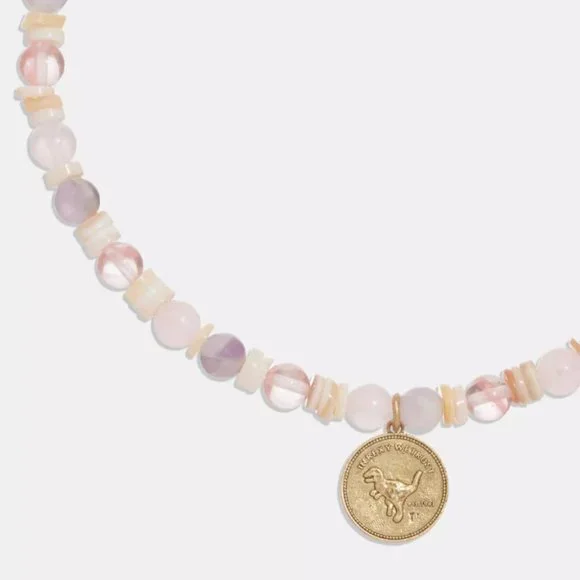 NWT Coach Rexy Coin Beaded Choker Necklace Gem Stone Charm Adjustable Dinosaur - Picture 2 of 10